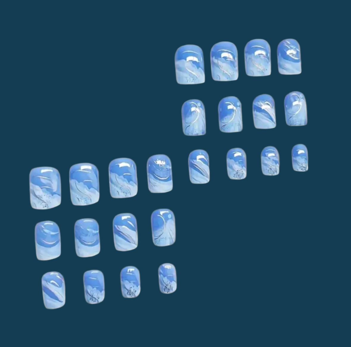 Press on Nails - Blue Gradient Design with Gold Accents