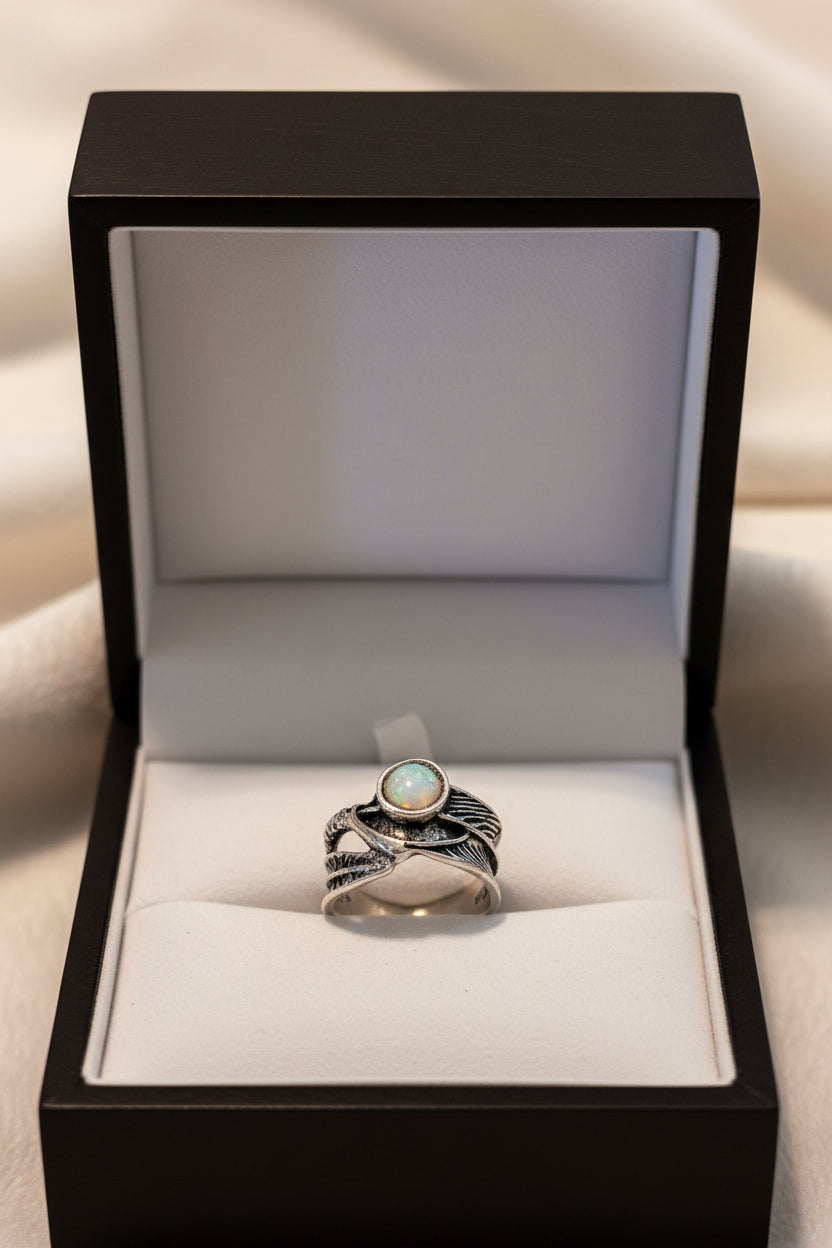 Ring - Feather with Moonstone Set in Oxidized Sterling Silver - Size 5