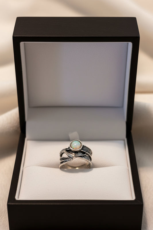 Ring - Feather with Moonstone Set in Oxidized Sterling Silver - Size 5