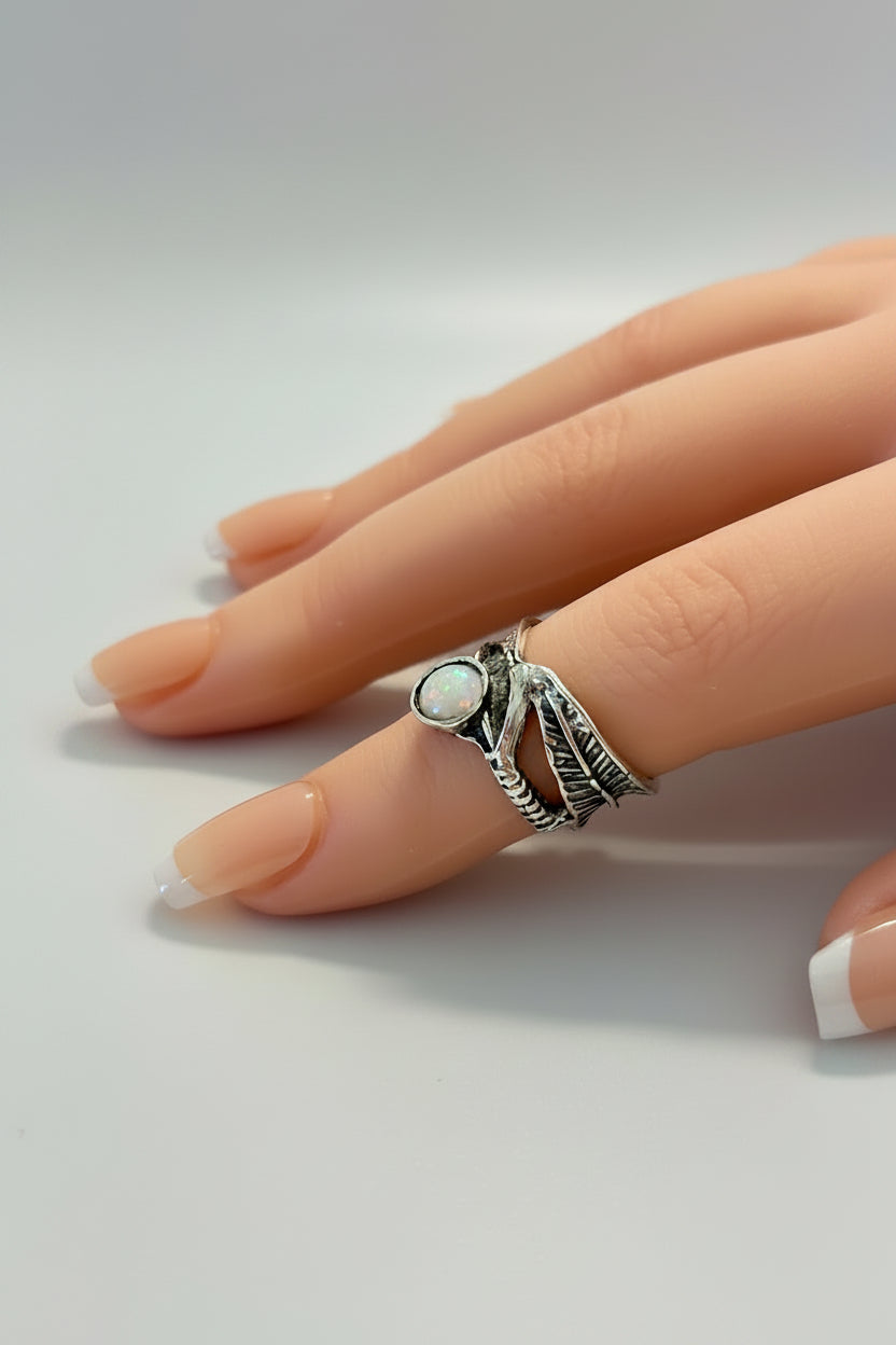 Ring - Feather with Moonstone Set in Oxidized Sterling Silver - Size 5