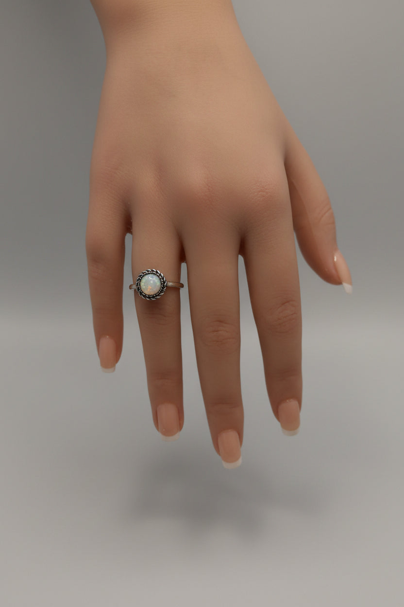 Ring - Southwestern Sterling Silver Small White Lab Opal with Braid - Size 7.5