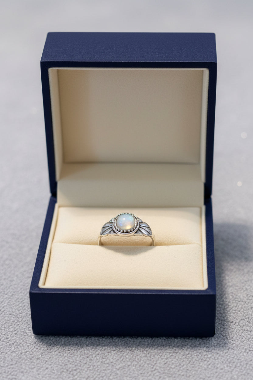 Ring - Vintage Style - Sterling Silver with Rainbow Moonstone - Size 6.5