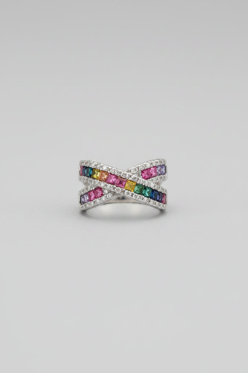 Ring - Silver Tone - Multicolored Crystals - Size 8