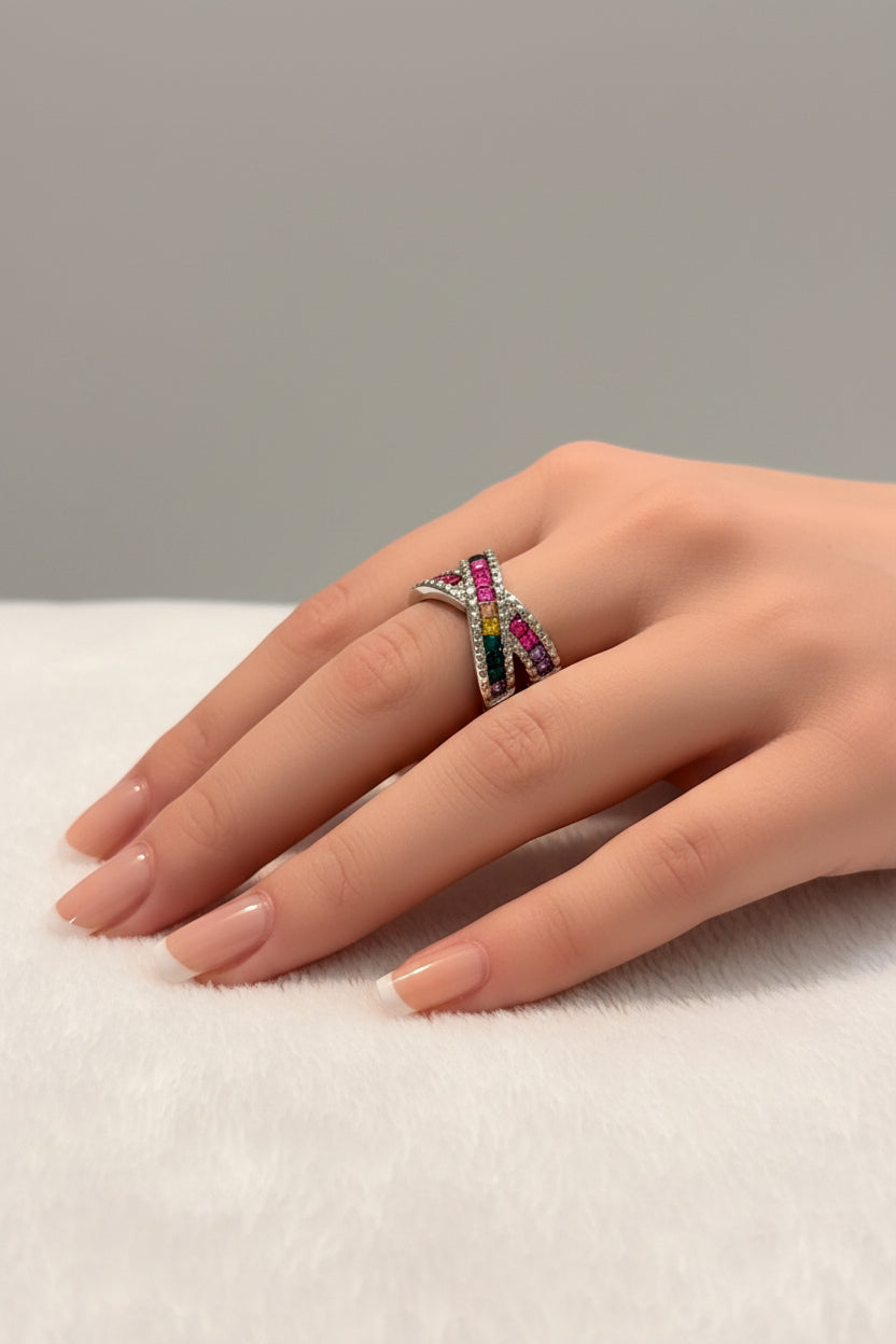 Ring - Silver Tone - Multicolored Crystals - Size 8