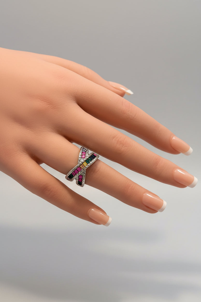 Ring - Silver Tone - Multicolored Crystals - Size 8
