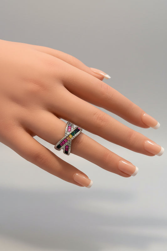 Ring - Silver Tone - Multicolored Crystals - Size 8