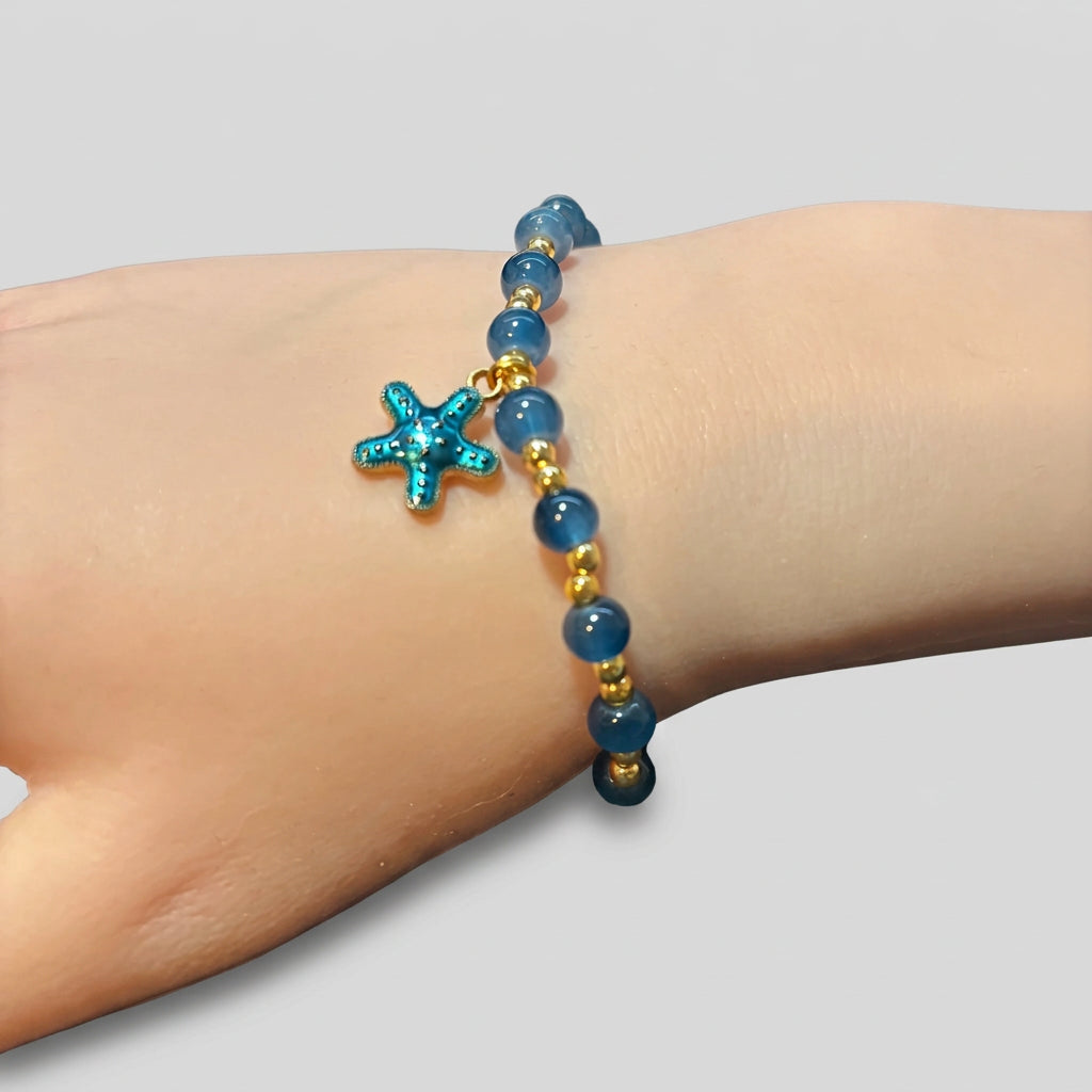 Bracelet - Stretch - Hand Crafted - Vibrant - Blue Beaded - Gold Tone Spacer Beads