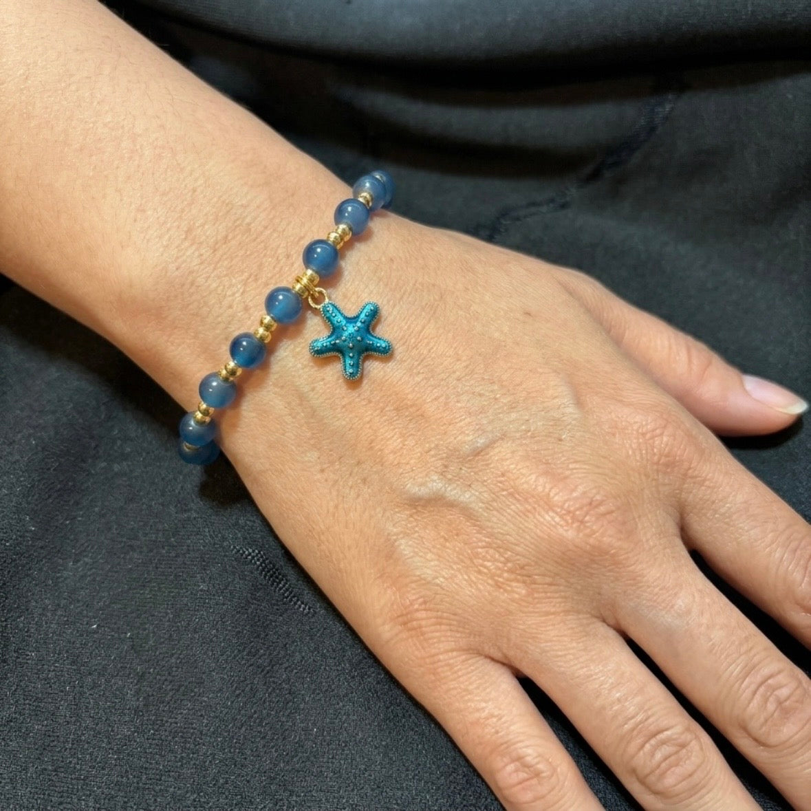 Bracelet - Stretch - Hand Crafted - Vibrant - Blue Beaded - Gold Tone Spacer Beads