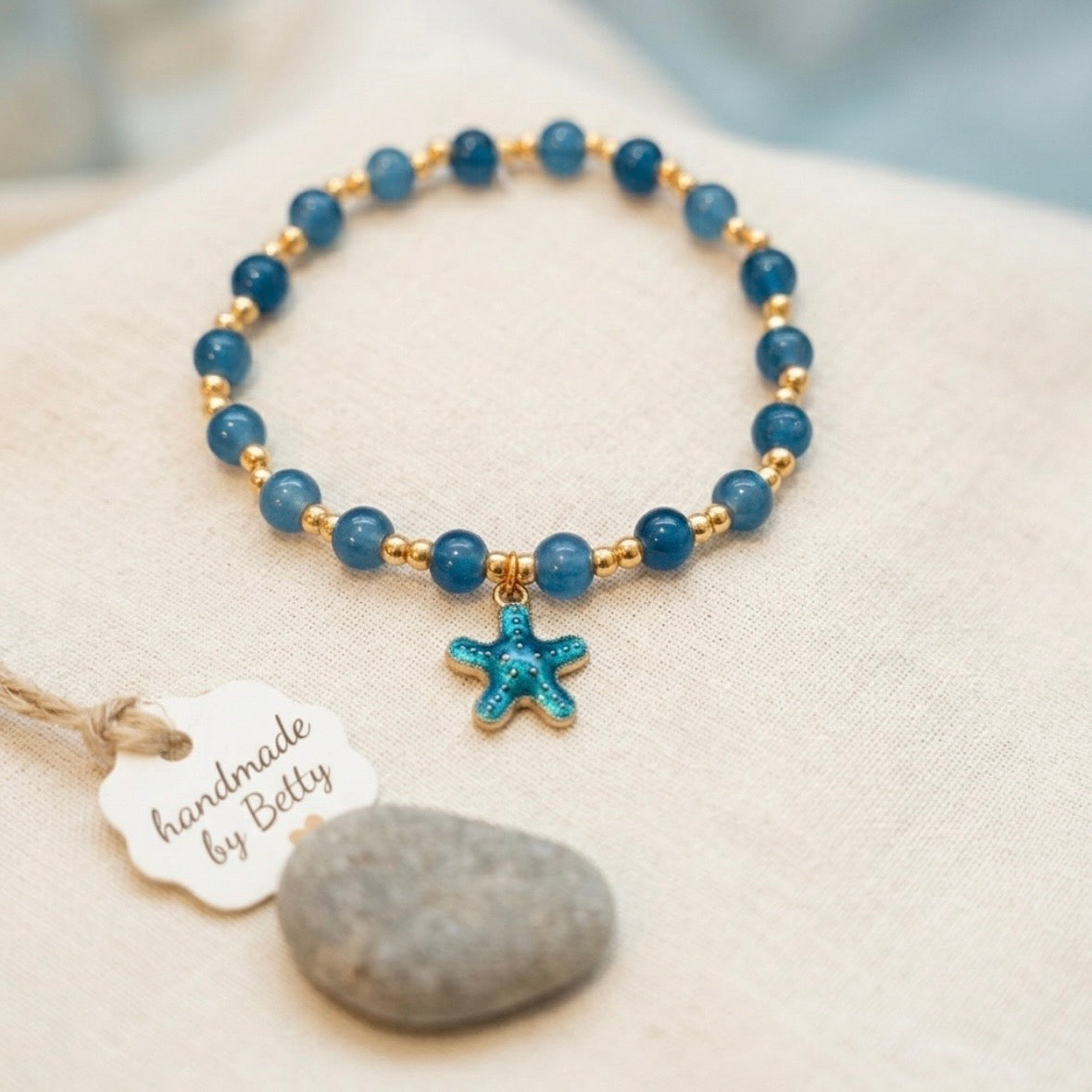 Bracelet - Stretch - Hand Crafted - Vibrant - Blue Beaded - Gold Tone Spacer Beads
