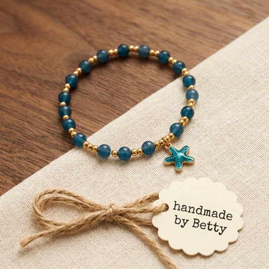 Bracelet - Stretch - Hand Crafted - Vibrant - Blue Beaded - Gold Tone Spacer Beads
