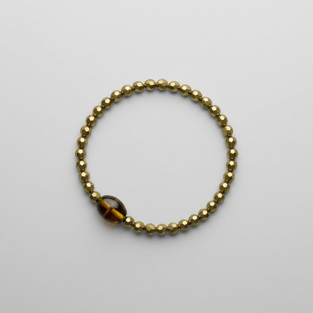 Bracelet - Hand Crafted - Stretch - Gold Tone - Amber - Olive - Glass Focal Beaded
