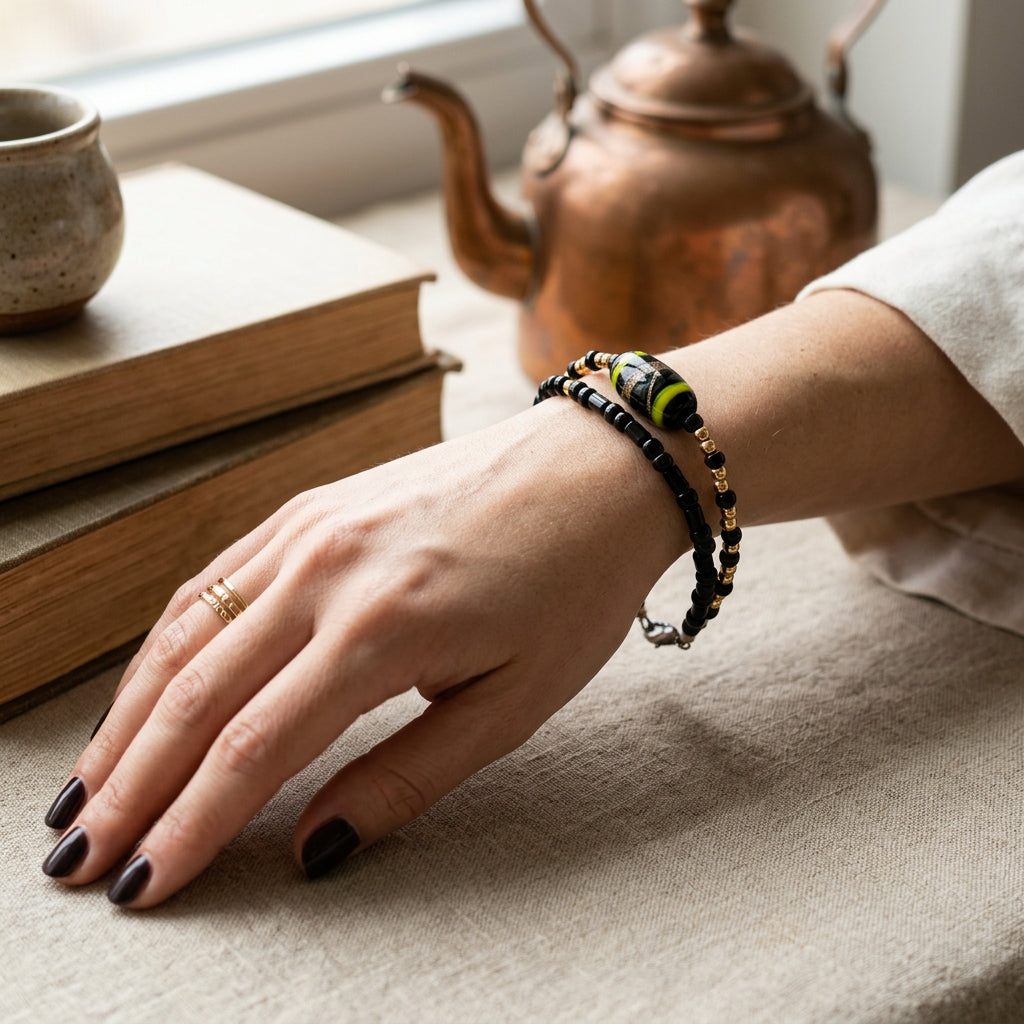 Bracelet - Hand Crafted - Lobster Clasp - Black - Gold - Yellow - Double Stranded