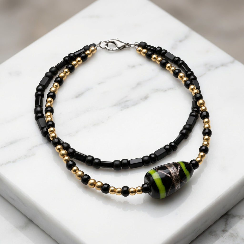 Bracelet - Hand Crafted - Lobster Clasp - Black - Gold - Yellow - Double Stranded