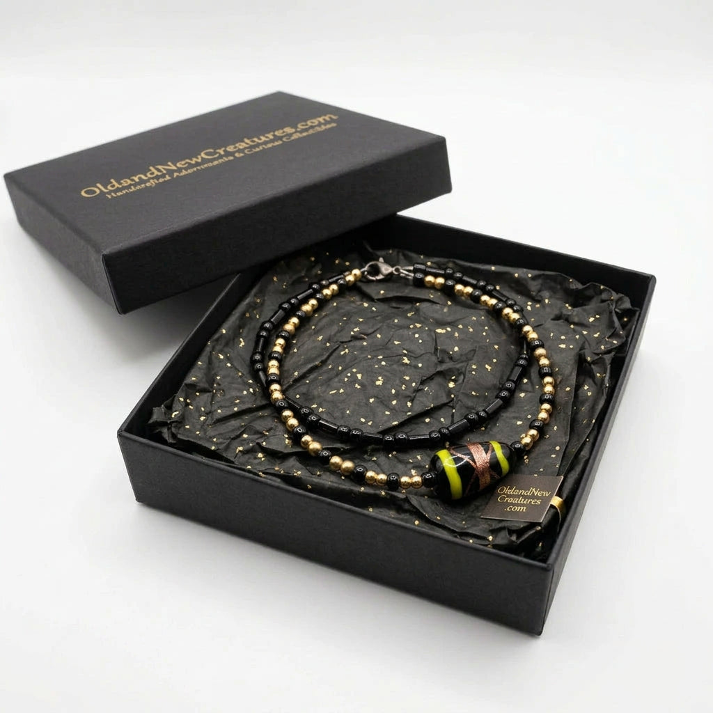 Bracelet - Hand Crafted - Lobster Clasp - Black - Gold - Yellow - Double Stranded