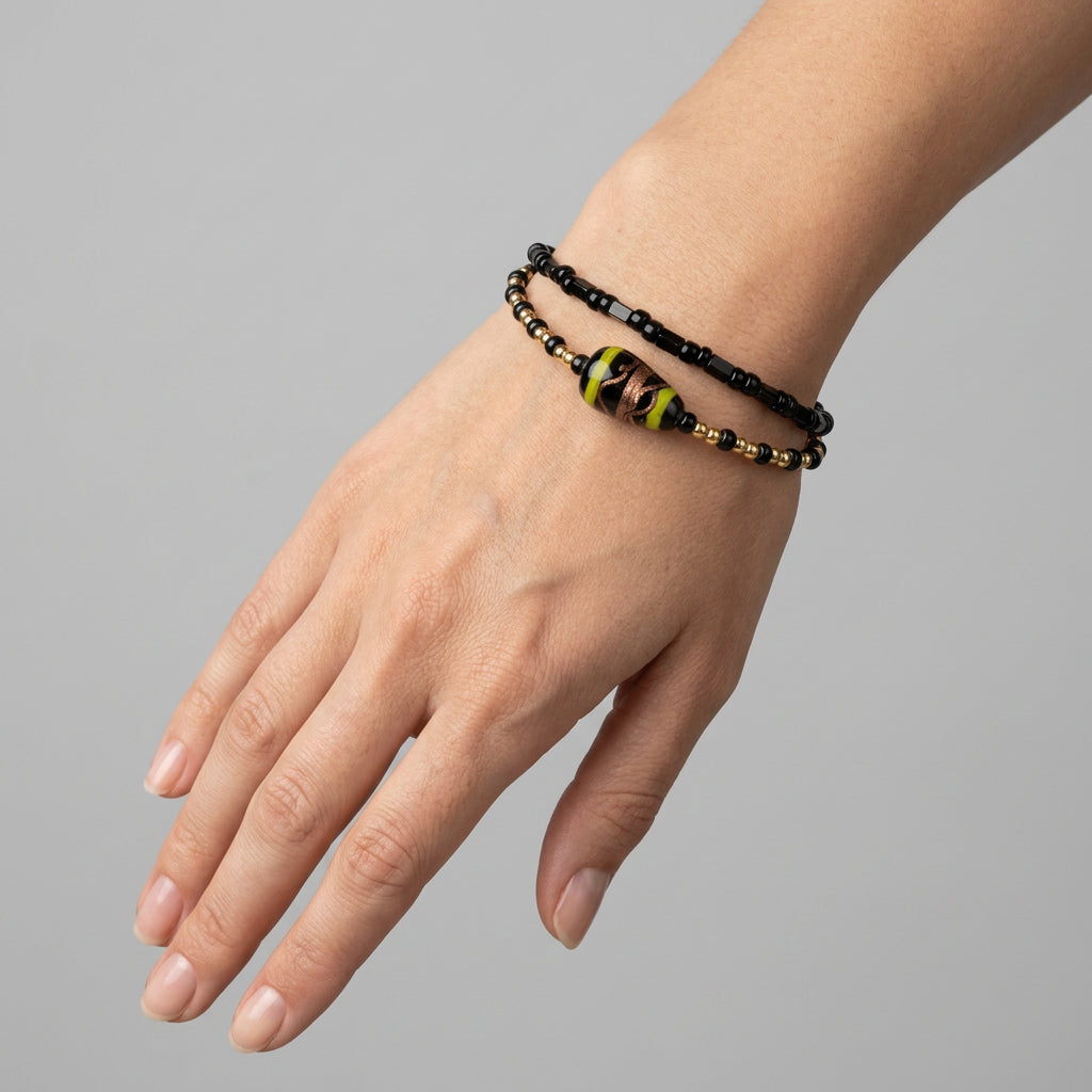 Bracelet - Hand Crafted - Lobster Clasp - Black - Gold - Yellow - Double Stranded