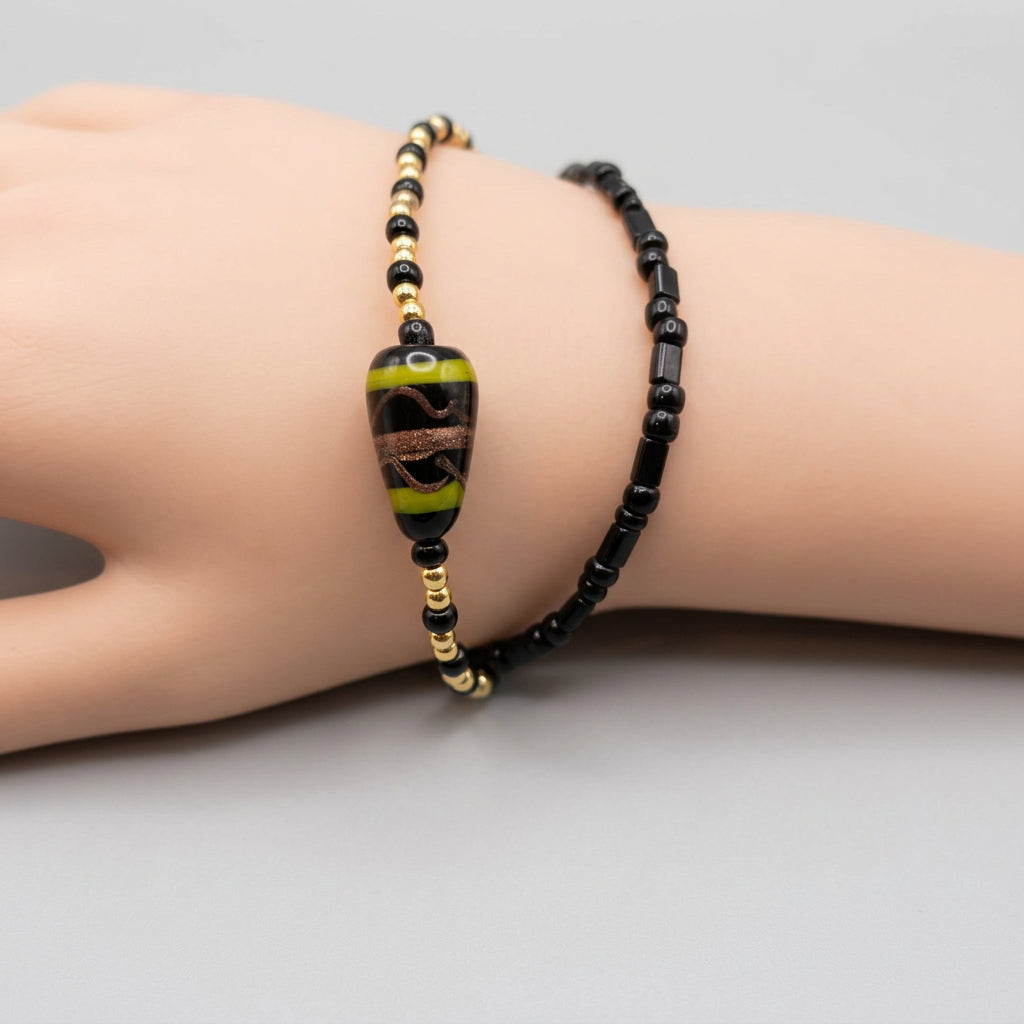 Bracelet - Hand Crafted - Lobster Clasp - Black - Gold - Yellow - Double Stranded