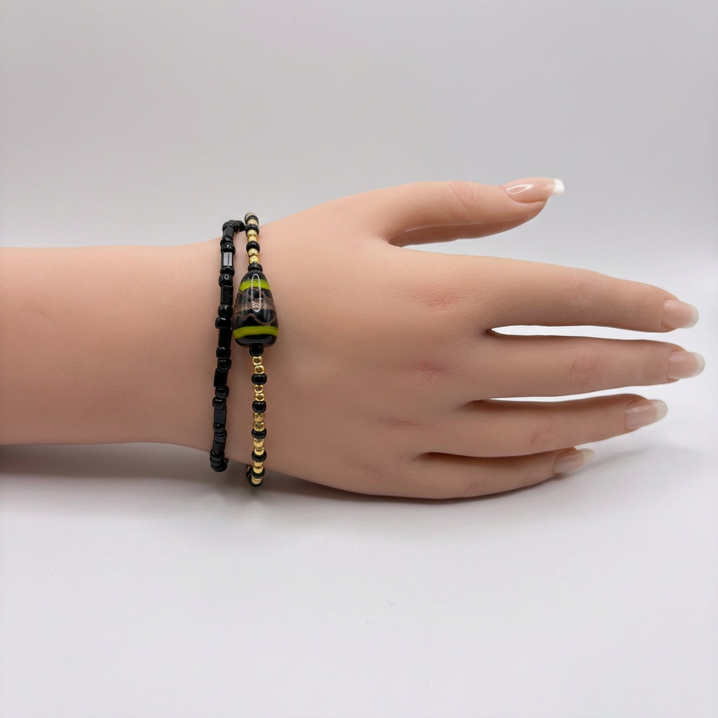 Bracelet - Hand Crafted - Lobster Clasp - Black - Gold - Yellow - Double Stranded