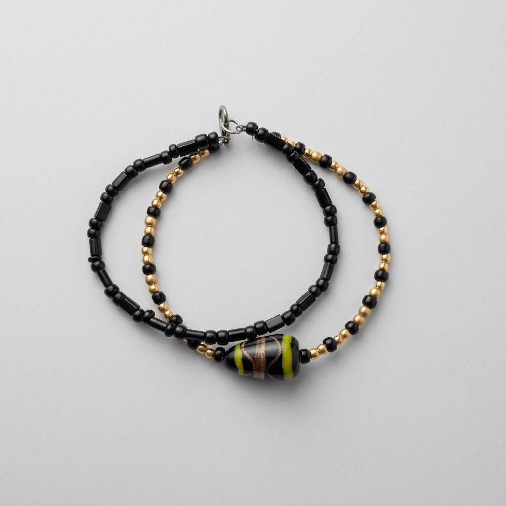Bracelet - Hand Crafted - Lobster Clasp - Black - Gold - Yellow - Double Stranded