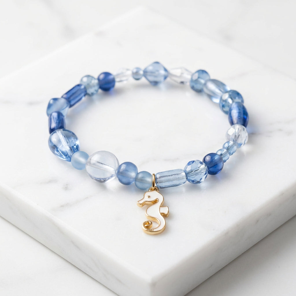 Bracelet - Hand Crafted - Two Piece Set - Stretch - Blue Glass Beads - White Shell Beads - Charmed