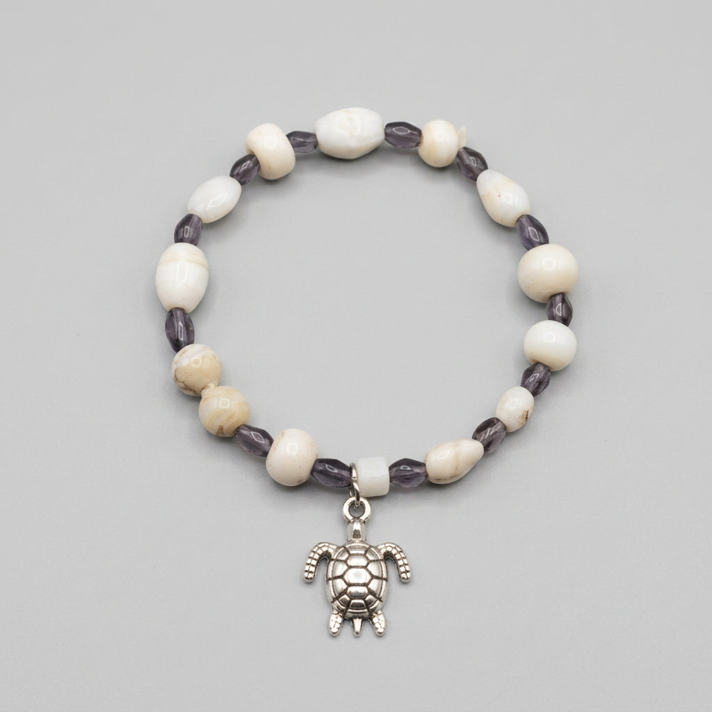 Bracelet - Hand Crafted - Two Piece Set - Stretch - Blue Glass Beads - White Shell Beads - Charmed