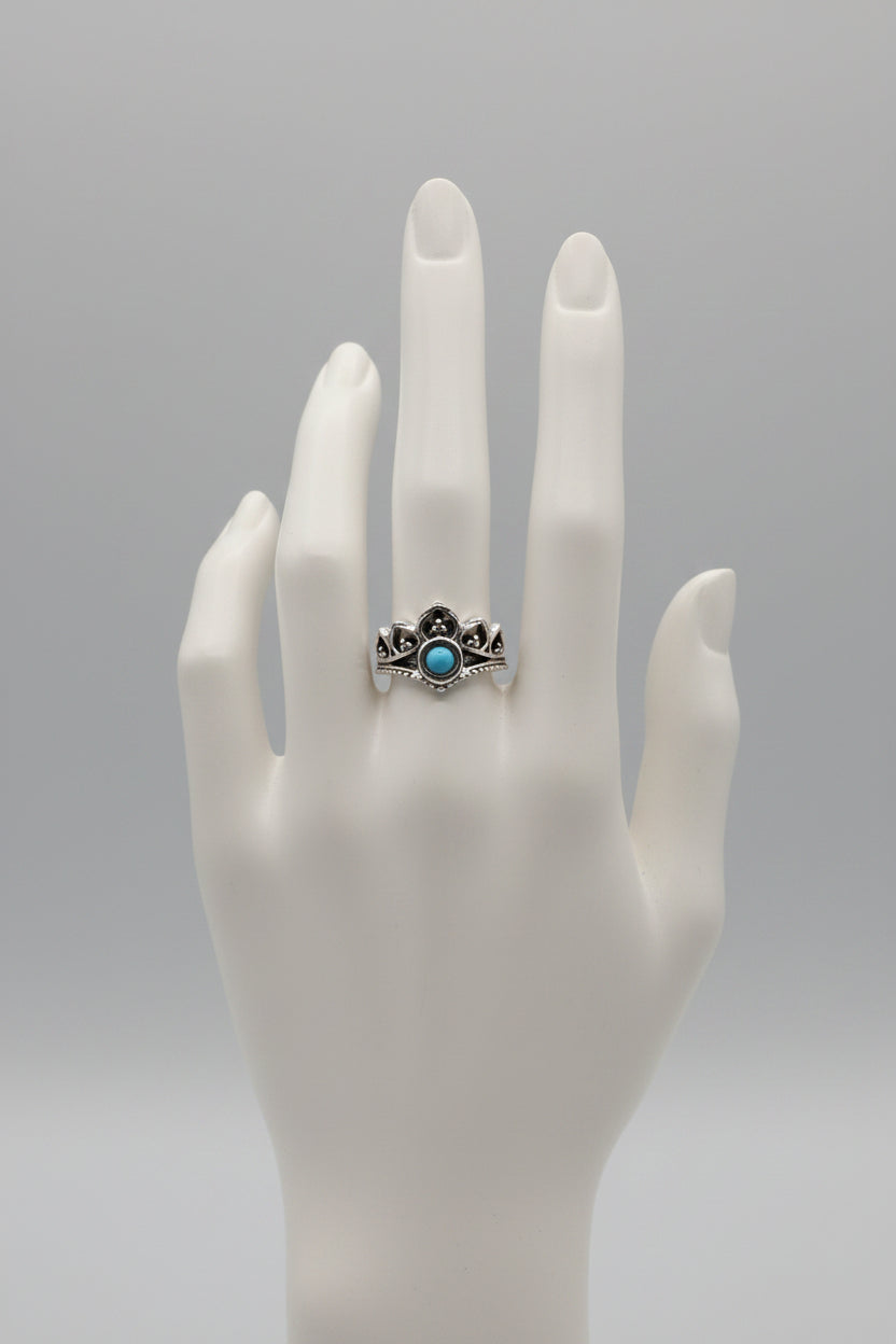 Ring - Boho - Silver Tone Crown or Lotus - with Central Turquoise