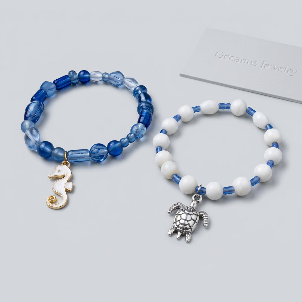 Bracelet - Hand Crafted - Two Piece Set - Stretch - Blue Glass Beads - White Shell Beads - Charmed