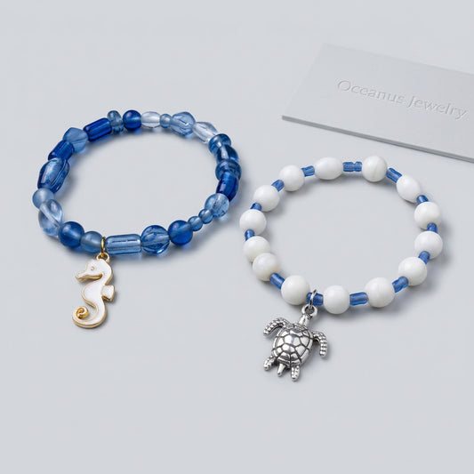 Bracelet - Hand Crafted - Two Piece Set - Stretch - Blue Glass Beads - White Shell Beads - Charmed