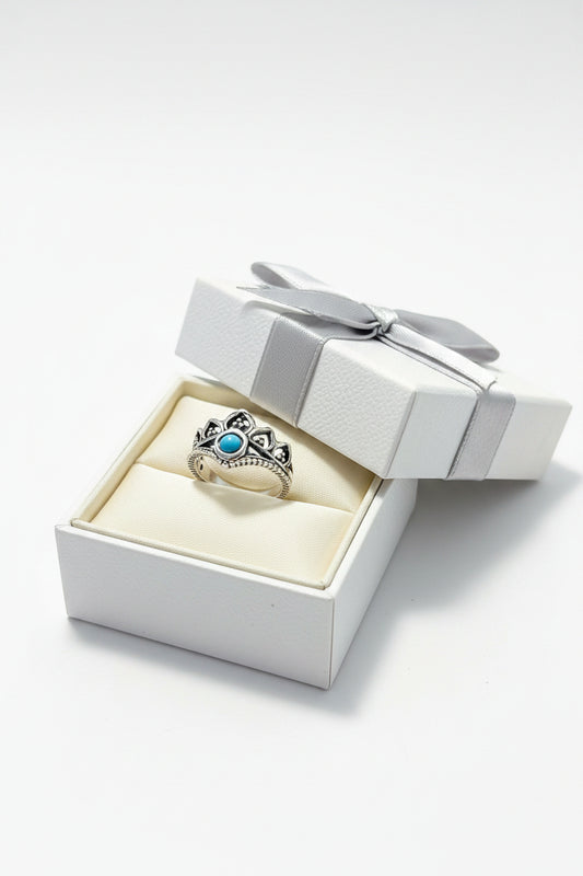 Ring - Boho - Silver Tone Crown or Lotus - with Central Turquoise