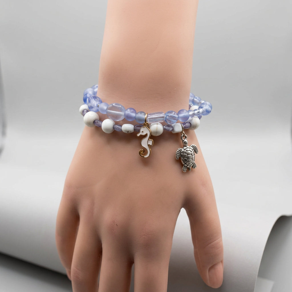 Bracelet - Hand Crafted - Two Piece Set - Stretch - Blue Glass Beads - White Shell Beads - Charmed
