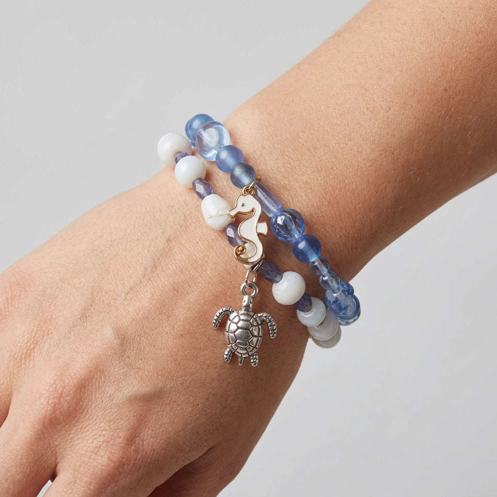 Bracelet - Hand Crafted - Two Piece Set - Stretch - Blue Glass Beads - White Shell Beads - Charmed