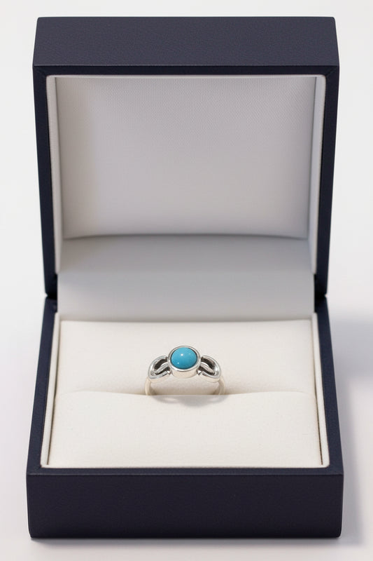 Ring - Blue Turquoise - Silver Tone With Central Blue Cabochon Flanked by Two Crescent Moon Motifs