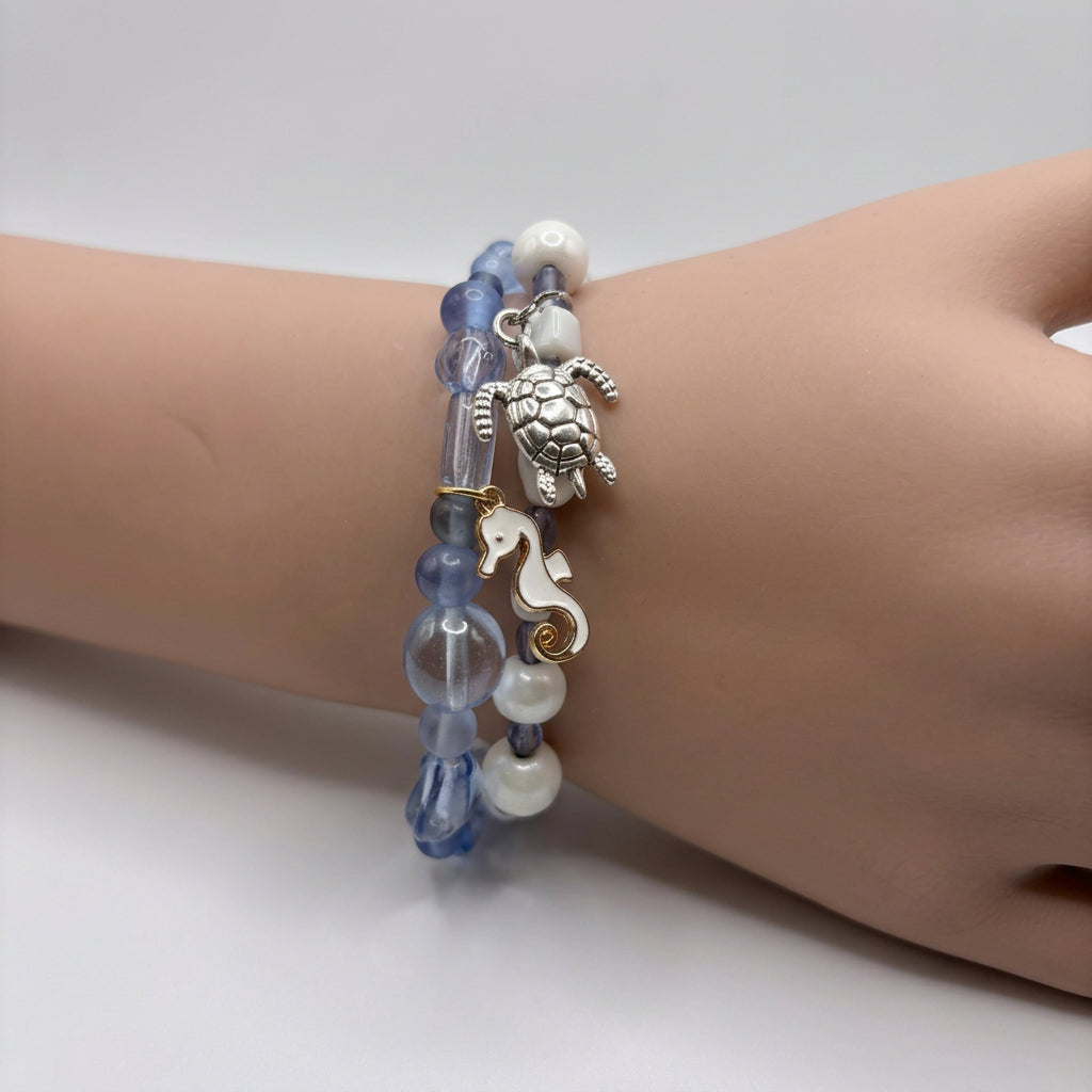 Bracelet - Hand Crafted - Two Piece Set - Stretch - Blue Glass Beads - White Shell Beads - Charmed