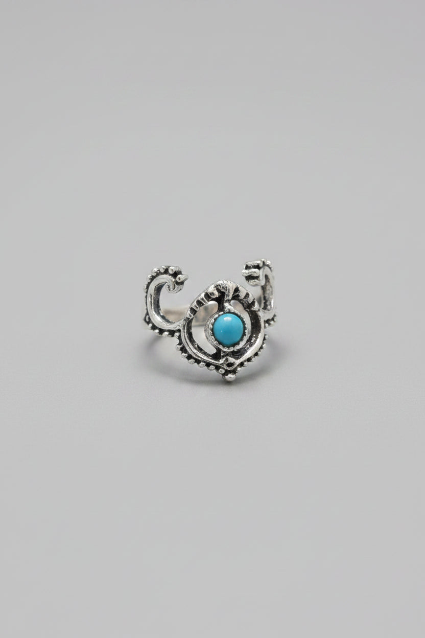 Ring - Blue Turquoise - Silver Plated Ram Horn - Navajo