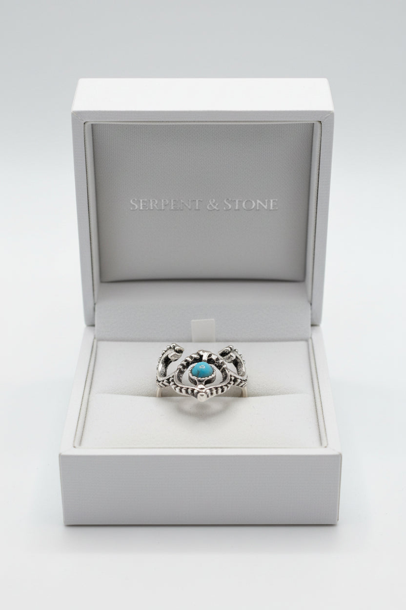 Ring - Blue Turquoise - Silver Plated Ram Horn - Navajo