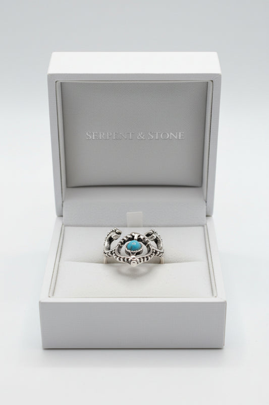Ring - Blue Turquoise - Silver Plated Ram Horn - Navajo