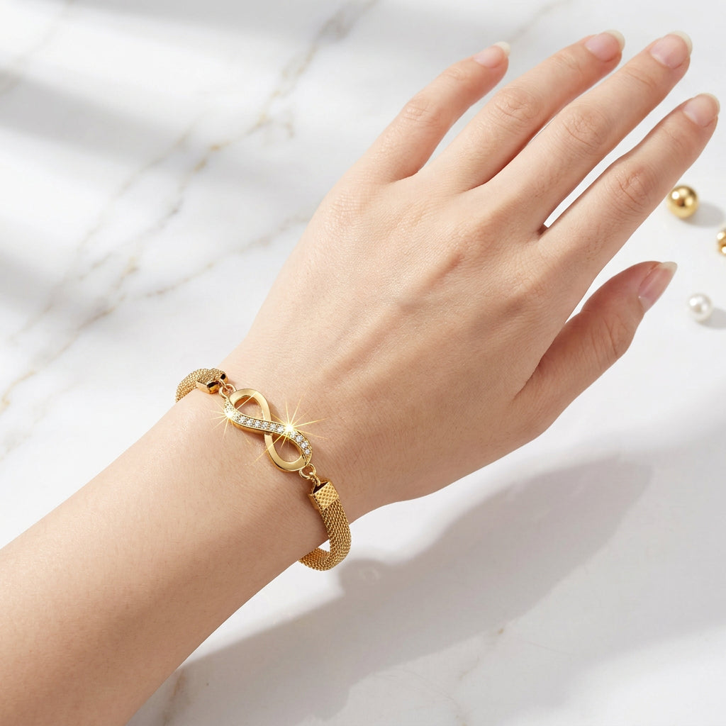 Bracelet - Elegant - Gold-Tone - Infinity Symbol with Rhinestones - Mesh