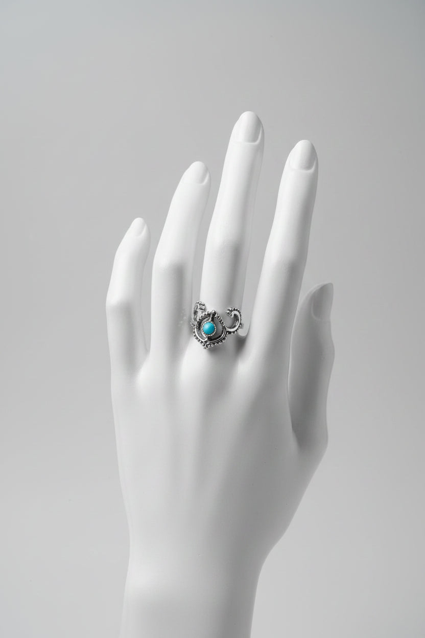Ring - Blue Turquoise - Silver Plated Ram Horn - Navajo