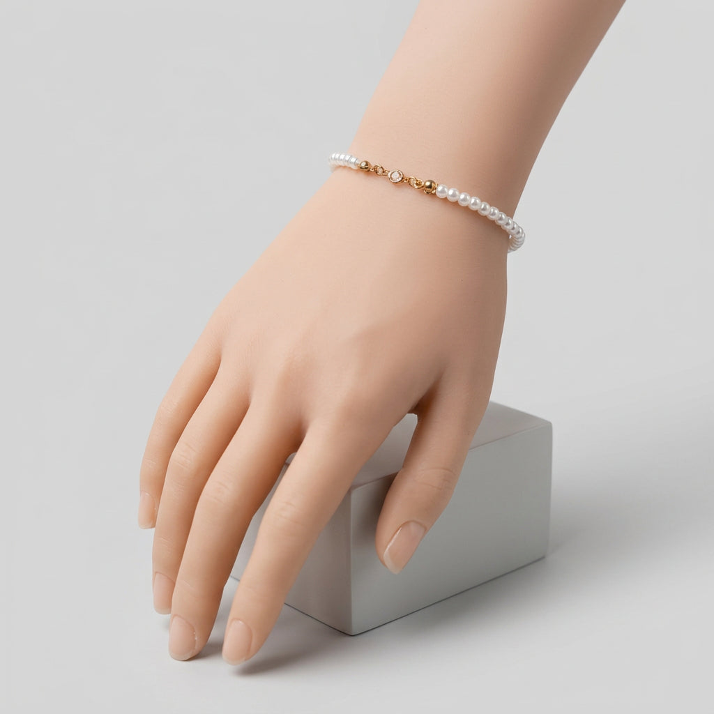 Bracelet - Tiny Faux Pearls - with a Transparent Center Quartz - and Gold Tone Lobster Clasp