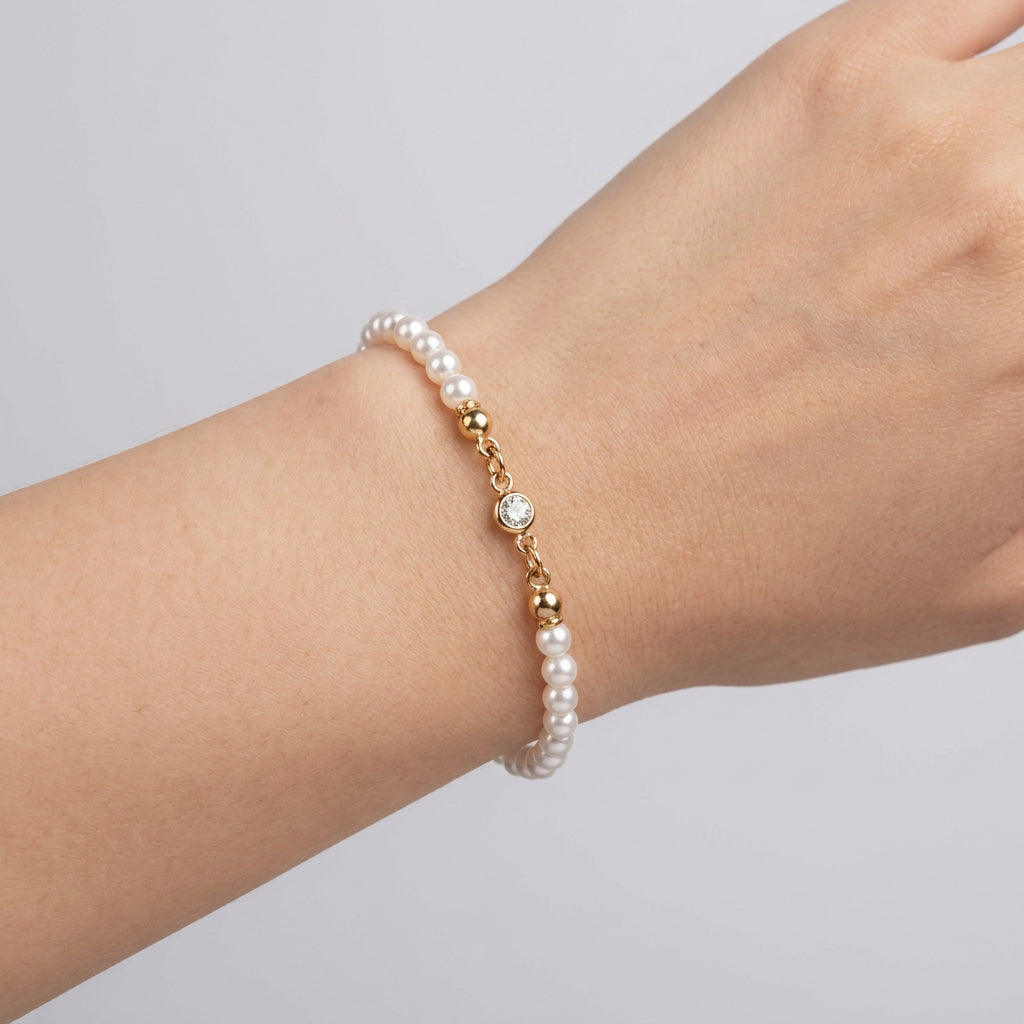 Bracelet - Tiny Faux Pearls - with a Transparent Center Quartz - and Gold Tone Lobster Clasp