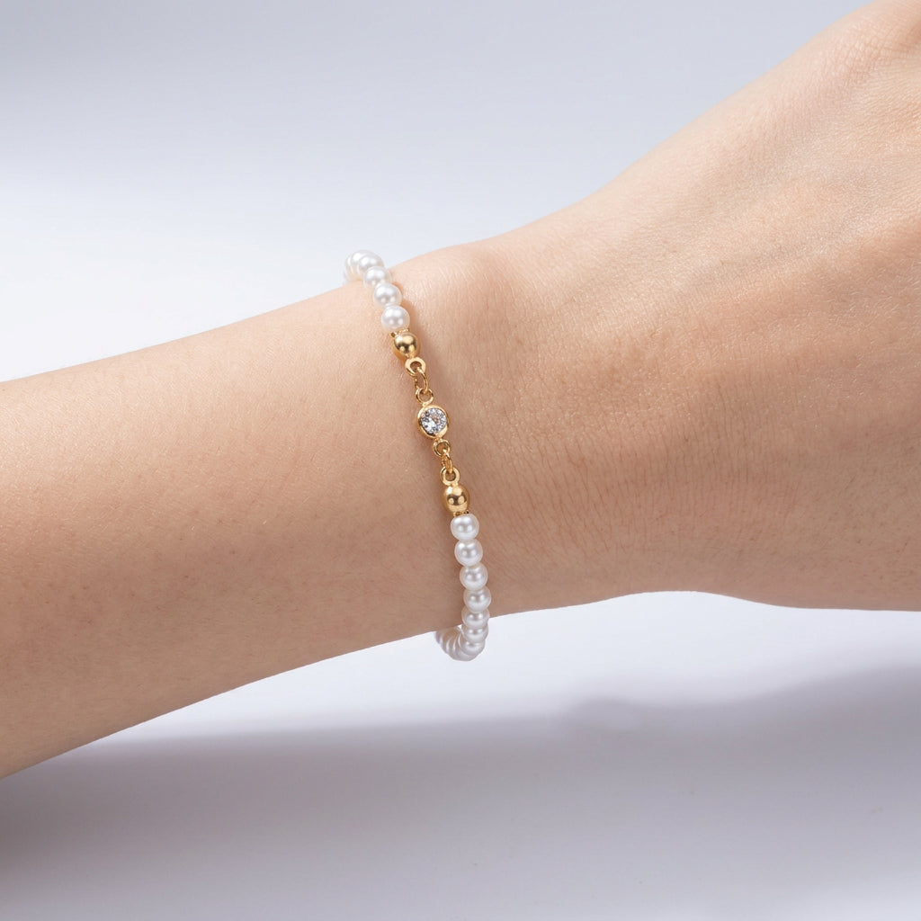 Bracelet - Tiny Faux Pearls - with a Transparent Center Quartz - and Gold Tone Lobster Clasp