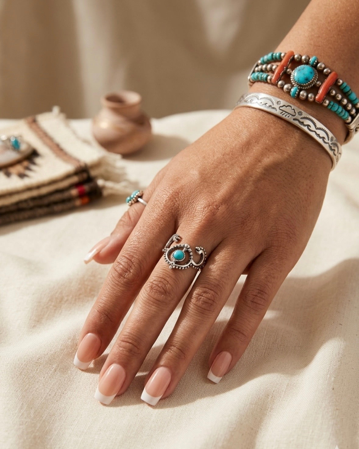 Ring - Blue Turquoise - Silver Plated Ram Horn - Navajo