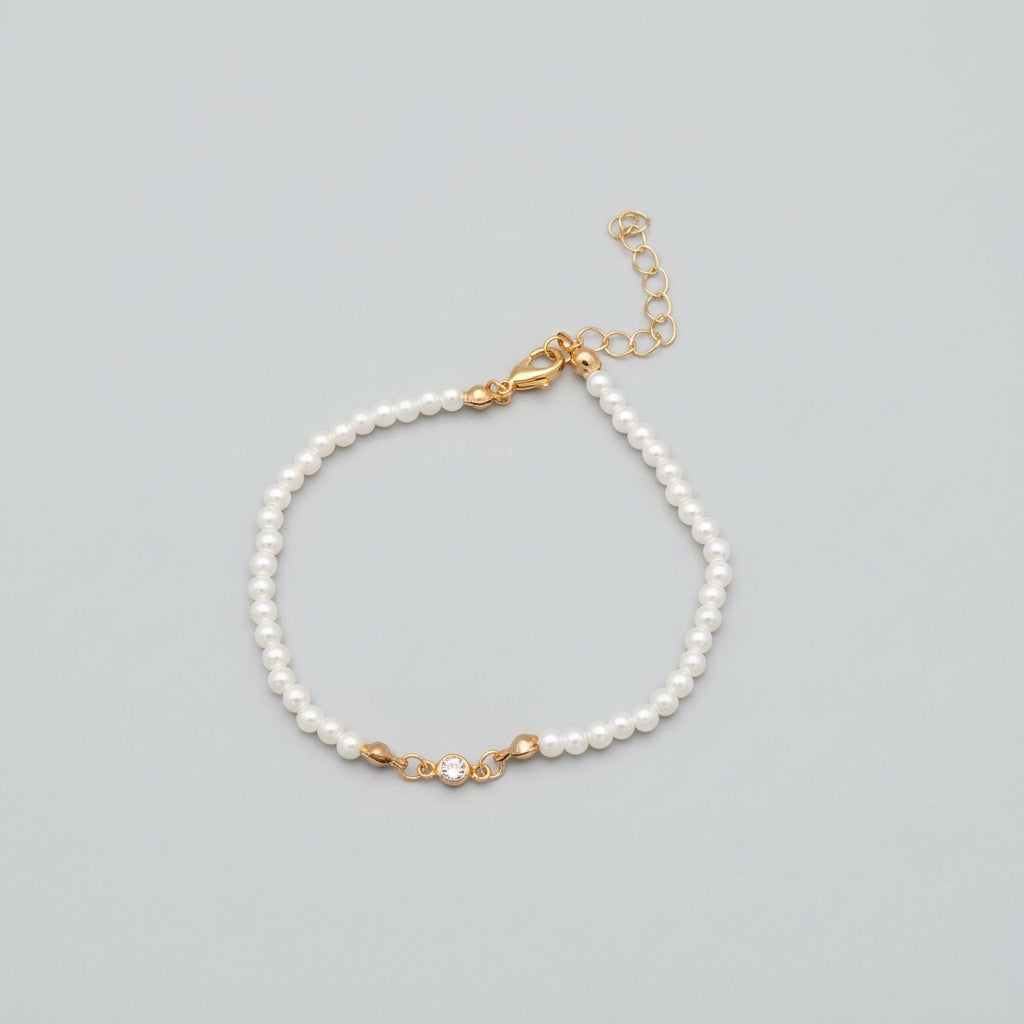 Bracelet - Tiny Faux Pearls - with a Transparent Center Quartz - and Gold Tone Lobster Clasp