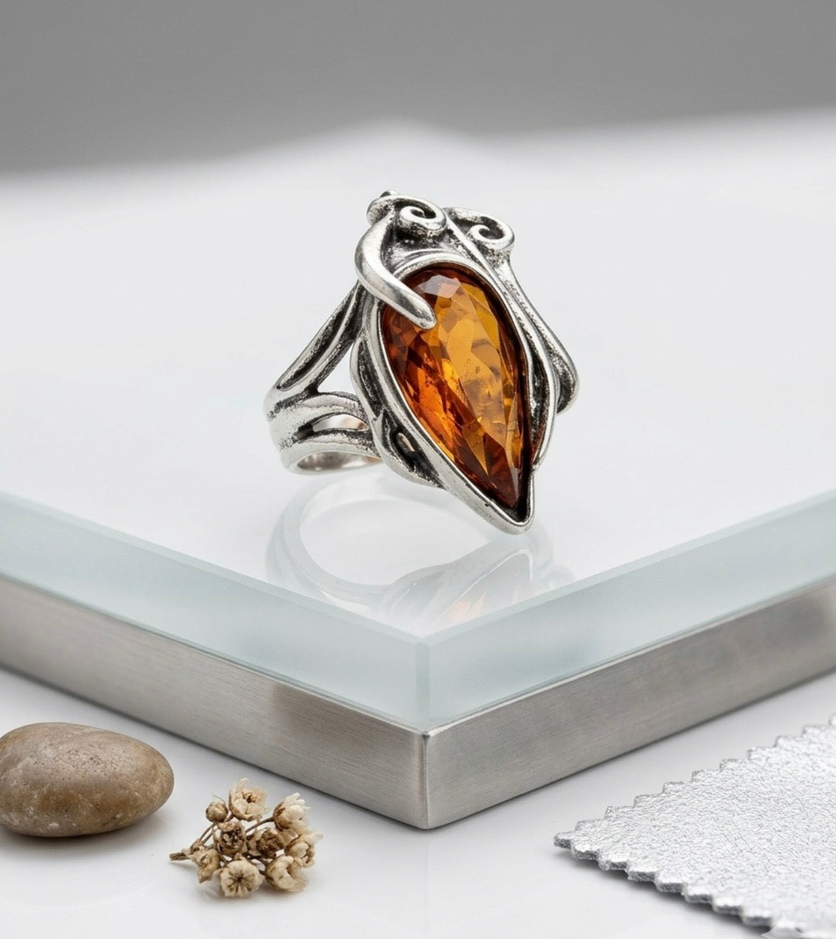 Ring - Silver Tone - Art Nouveau Inspired - Pear Shaped Amber Colored Stone - #1072