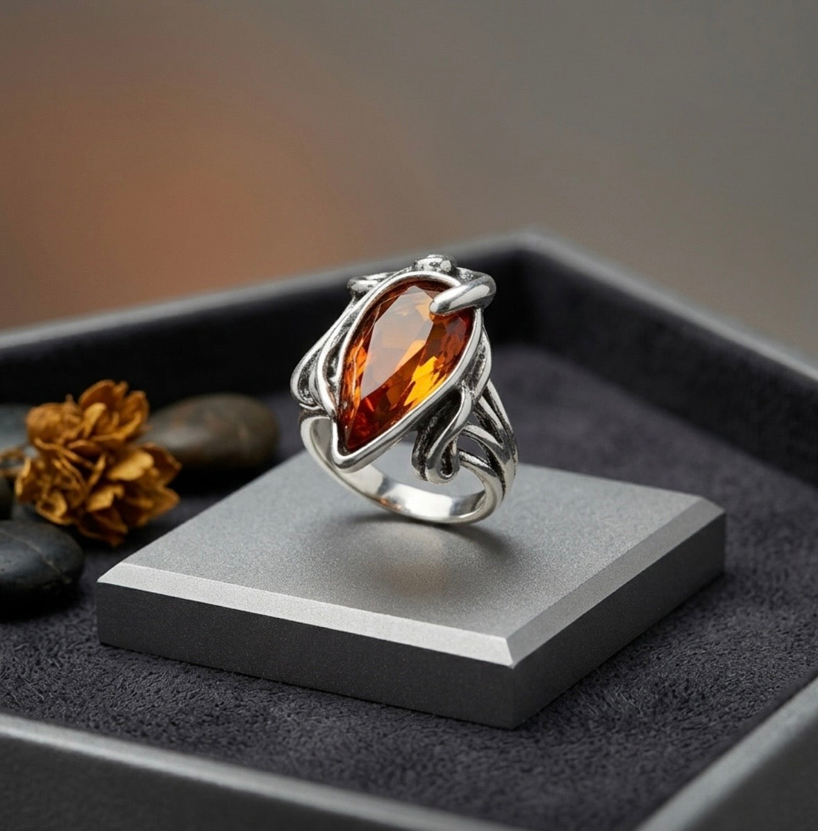 Ring - Silver Tone - Art Nouveau Inspired - Pear Shaped Amber Colored Stone - #1072