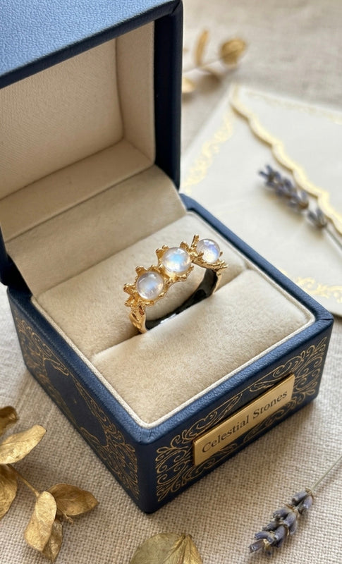 Ring - Gold Tone - Three Shimmering Iridescent Stones