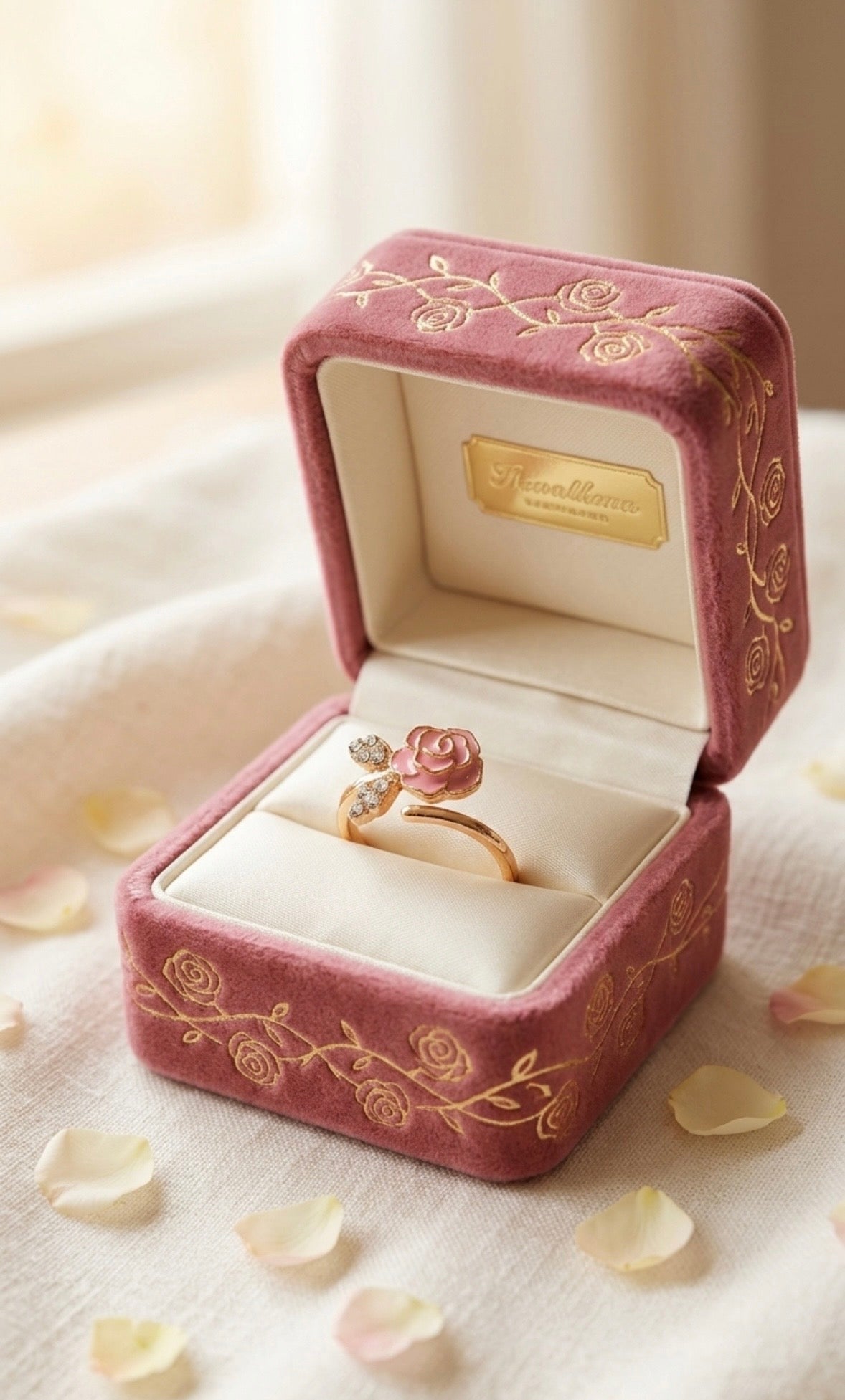 Ring - Pink Rose Themed Adjustable Gold Tone with Rhinestone Accents - Size 8