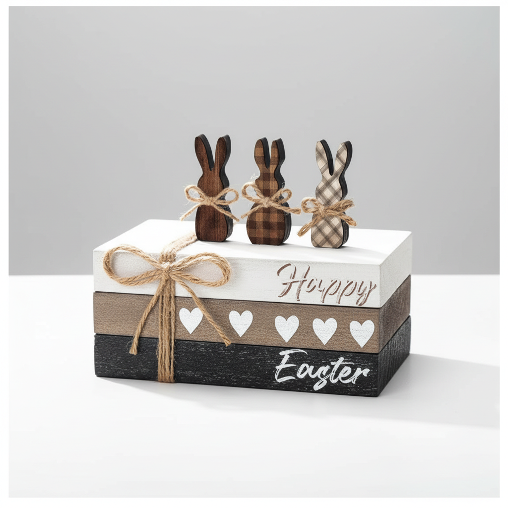 Home Decor - Happy Easter Tiered Tray with Bunnies - Burbel