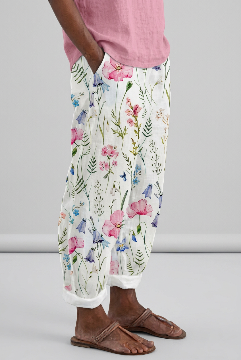 Woman's Pants - White with Floral Print - Side Pockets - Size 16