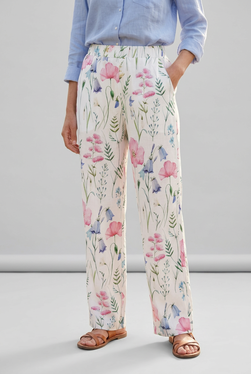 Woman's Pants - White with Floral Print - Side Pockets - Size 16