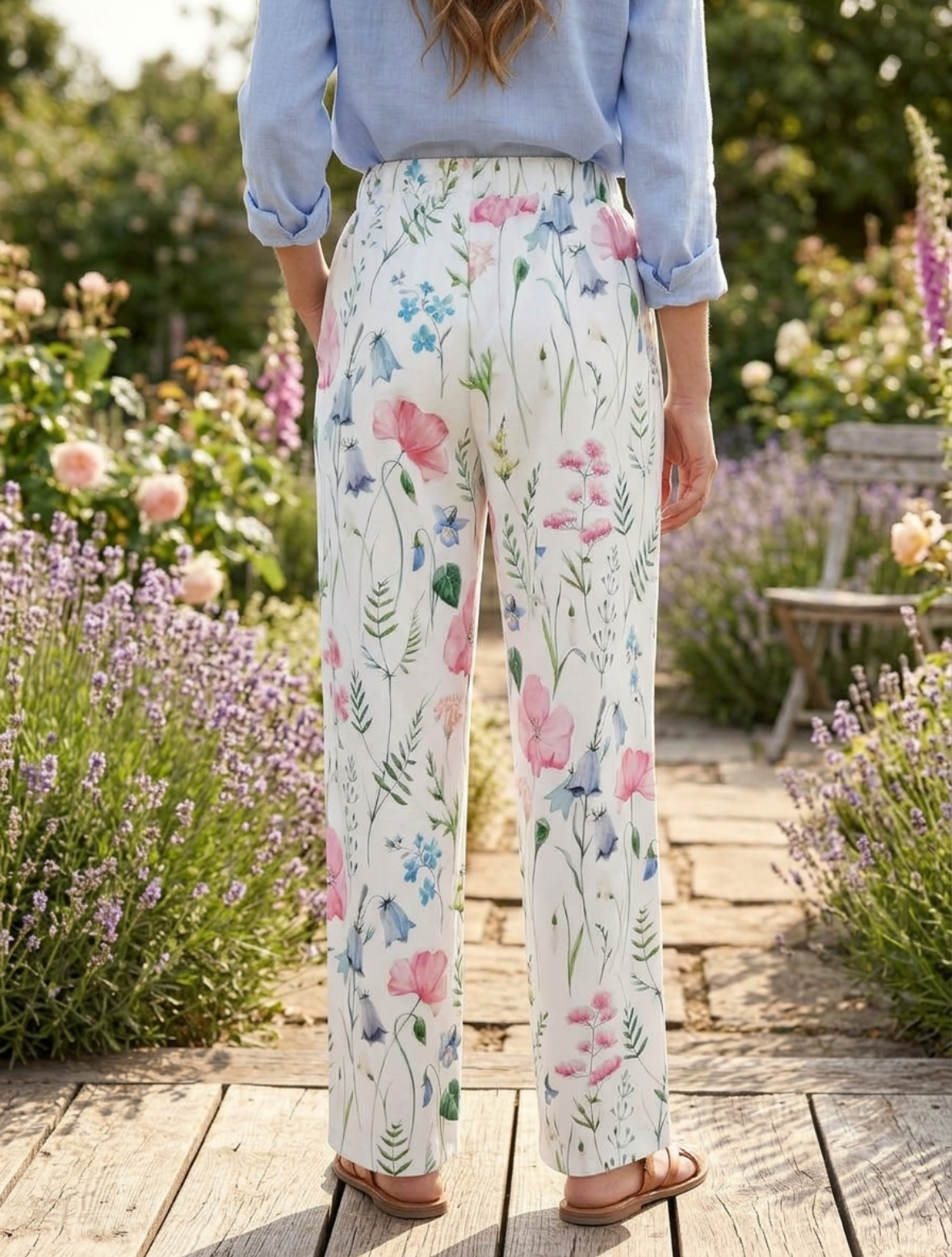 Woman's Pants - White with Floral Print - Side Pockets - Size 16